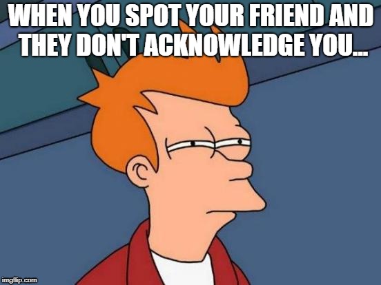 Futurama Fry Meme | WHEN YOU SPOT YOUR FRIEND AND THEY DON'T ACKNOWLEDGE YOU... | image tagged in memes,futurama fry | made w/ Imgflip meme maker
