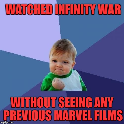 Success Kid | WATCHED INFINITY WAR; WITHOUT SEEING ANY PREVIOUS MARVEL FILMS | image tagged in memes,success kid | made w/ Imgflip meme maker