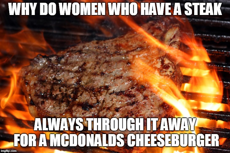 steak | WHY DO WOMEN WHO HAVE A STEAK; ALWAYS THROUGH IT AWAY FOR A MCDONALDS CHEESEBURGER | image tagged in steak | made w/ Imgflip meme maker