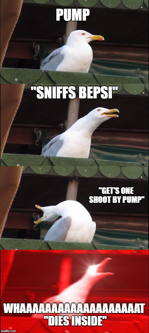 Inhaling Seagull | PUMP; "SNIFFS BEPSI"; "GET'S ONE SHOOT BY PUMP"; WHAAAAAAAAAAAAAAAAAAAT "DIES INSIDE" | image tagged in memes,inhaling seagull | made w/ Imgflip meme maker