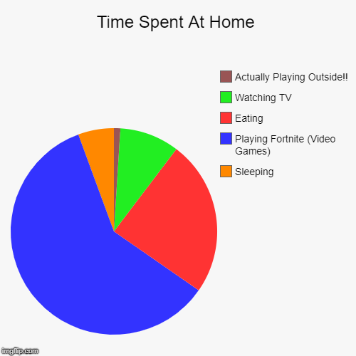 Time Spent At Home | Sleeping, Playing Fortnite (Video Games), Eating, Watching TV, Actually Playing Outside!! | image tagged in funny,pie charts | made w/ Imgflip chart maker