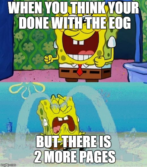 spongebob happy and sad | WHEN YOU THINK YOUR DONE WITH THE EOG; BUT THERE IS 2 MORE PAGES | image tagged in spongebob happy and sad | made w/ Imgflip meme maker