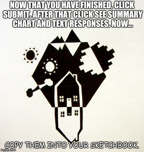 NOW THAT YOU HAVE FINISHED, CLICK SUBMIT. AFTER THAT CLICK SEE SUMMARY CHART AND TEXT RESPONSES. NOW... COPY THEM INTO YOUR SKETCHBOOK. | image tagged in notan | made w/ Imgflip meme maker