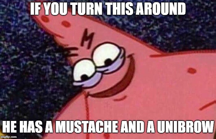 Evil Patrick  | IF YOU TURN THIS AROUND; HE HAS A MUSTACHE AND A UNIBROW | image tagged in evil patrick | made w/ Imgflip meme maker