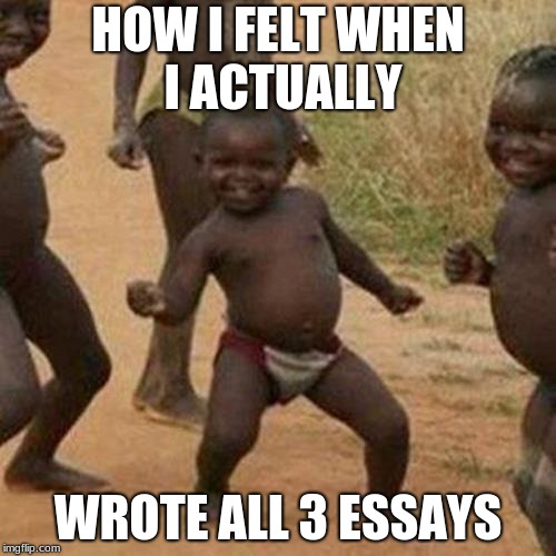 Third World Success Kid Meme | HOW I FELT WHEN I ACTUALLY; WROTE ALL 3 ESSAYS | image tagged in memes,third world success kid | made w/ Imgflip meme maker
