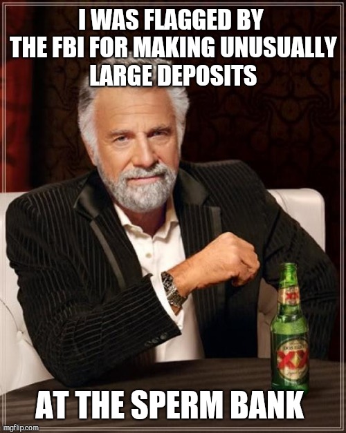 It's when you try to start making withdrawals that you really get in trouble though  | I WAS FLAGGED BY THE FBI FOR MAKING UNUSUALLY LARGE DEPOSITS; AT THE SPERM BANK | image tagged in memes,the most interesting man in the world,jbmemegeek | made w/ Imgflip meme maker