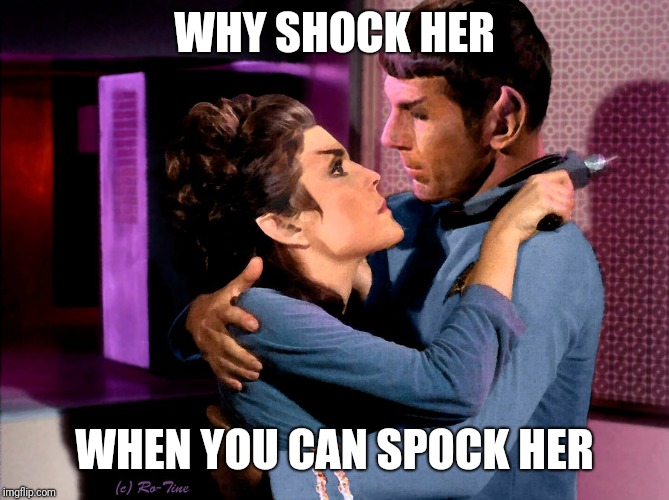 WHY SHOCK HER; WHEN YOU CAN SPOCK HER | image tagged in spock,star trek,fancy piece | made w/ Imgflip meme maker