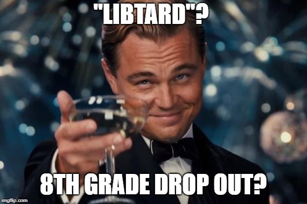 Leonardo Dicaprio Cheers Meme | "LIBTARD"? 8TH GRADE DROP OUT? | image tagged in memes,leonardo dicaprio cheers | made w/ Imgflip meme maker