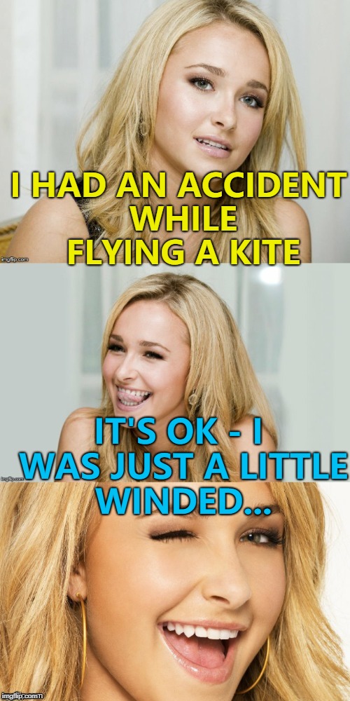 Let's go fly a kite... :) | I HAD AN ACCIDENT WHILE FLYING A KITE; IT'S OK - I WAS JUST A LITTLE WINDED... | image tagged in bad pun hayden panettiere,memes,kite | made w/ Imgflip meme maker