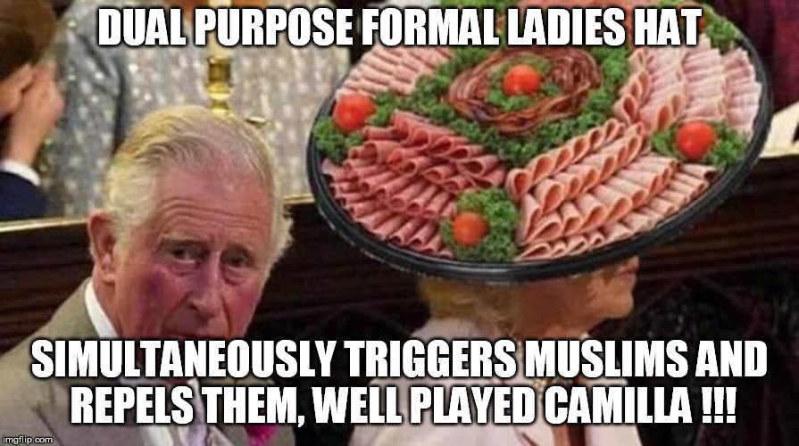 Camilla Camo hat | DUAL PURPOSE FORMAL LADIES HAT; SIMULTANEOUSLY TRIGGERS MUSLIMS AND REPELS THEM, WELL PLAYED CAMILLA !!! | image tagged in trigger,royal wedding | made w/ Imgflip meme maker