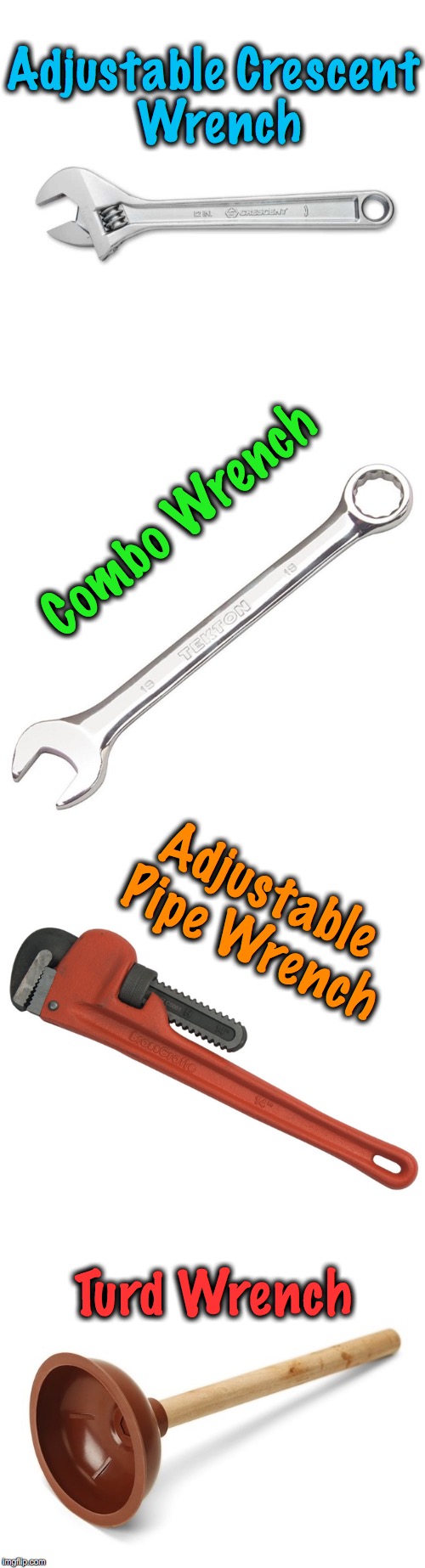 Tool ID Lesson For The Day | Adjustable Crescent Wrench; Combo Wrench; Adjustable Pipe Wrench; Turd Wrench | image tagged in work | made w/ Imgflip meme maker
