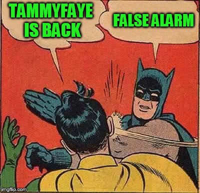 Batman Slapping Robin Meme | TAMMYFAYE IS BACK FALSE ALARM | image tagged in memes,batman slapping robin | made w/ Imgflip meme maker