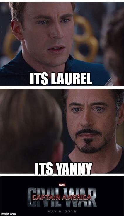 Marvel Civil War 1 Meme | ITS LAUREL; ITS YANNY | image tagged in memes,marvel civil war 1,ssby,laurel,yanny | made w/ Imgflip meme maker