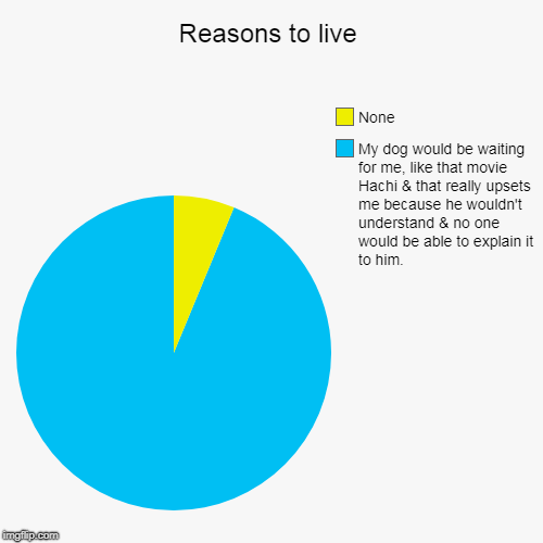 Reasons to live | My dog would be waiting for me, like that movie Hachi & that really upsets me because he wouldn't understand & no one woul | image tagged in funny,pie charts | made w/ Imgflip chart maker
