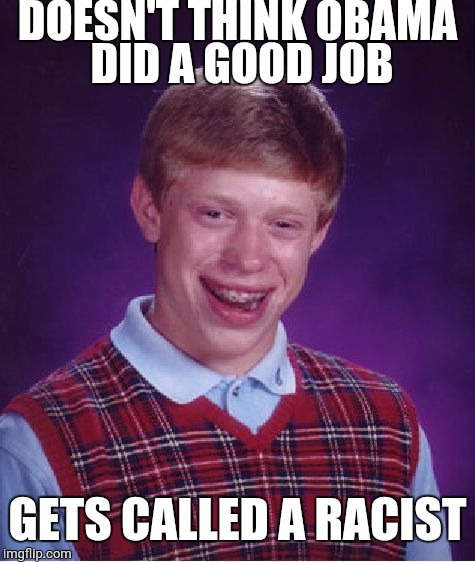 R.I.P opinions | DOESN'T THINK OBAMA DID A GOOD JOB; GETS CALLED A RACIST | image tagged in memes,bad luck brian,racist,obama,stereo types | made w/ Imgflip meme maker