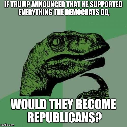 Philosoraptor Meme | IF TRUMP ANNOUNCED THAT HE SUPPORTED EVERYTHING THE DEMOCRATS DO, WOULD THEY BECOME REPUBLICANS? | image tagged in memes,philosoraptor | made w/ Imgflip meme maker