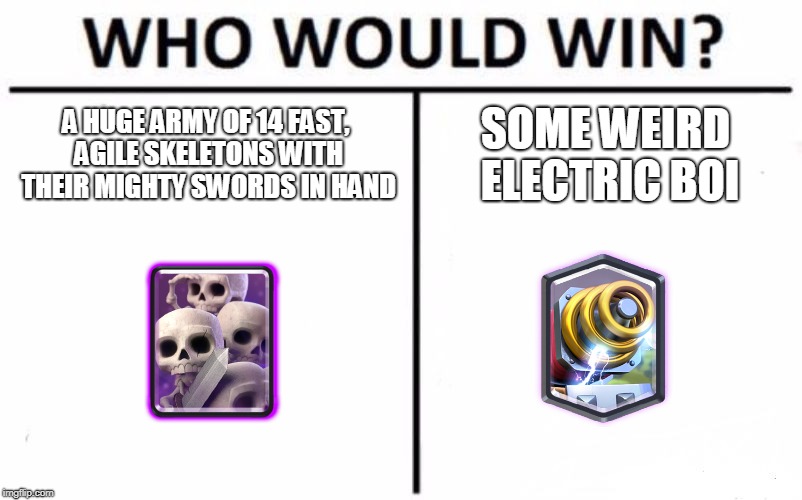 Who Would Win? | A HUGE ARMY OF 14 FAST, AGILE SKELETONS WITH THEIR MIGHTY SWORDS IN HAND; SOME WEIRD ELECTRIC BOI | image tagged in memes,who would win | made w/ Imgflip meme maker