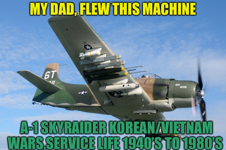 A-1 Skyraider | MY DAD, FLEW THIS MACHINE; A-1 SKYRAIDER
KOREAN/VIETNAM WARS,SERVICE LIFE 1940’S TO 1980’S | image tagged in a-1 skyraider,vietnam,us navy,aviation,american,freedom | made w/ Imgflip meme maker