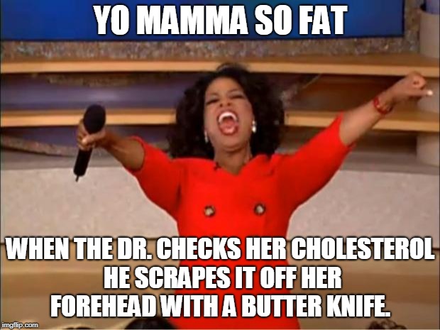 Oprah You Get A Meme | YO MAMMA SO FAT WHEN THE DR. CHECKS HER CHOLESTEROL HE SCRAPES IT OFF HER FOREHEAD WITH A BUTTER KNIFE. | image tagged in memes,oprah you get a | made w/ Imgflip meme maker