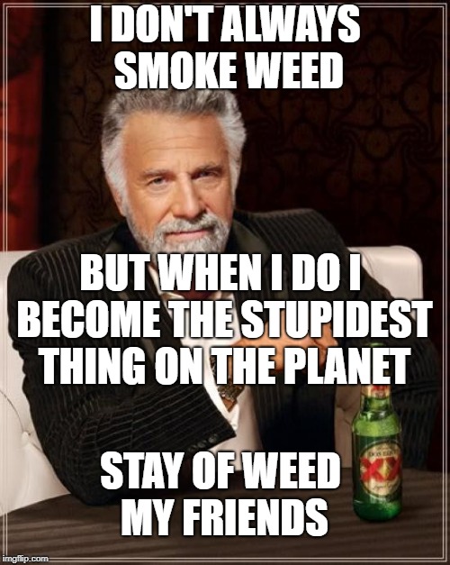 The Most Interesting Man In The World | I DON'T ALWAYS SMOKE WEED; BUT WHEN I DO I BECOME THE STUPIDEST THING ON THE PLANET; STAY OF WEED MY FRIENDS | image tagged in memes,the most interesting man in the world | made w/ Imgflip meme maker