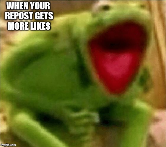 crazed kermit | WHEN YOUR REPOST GETS MORE LIKES | image tagged in crazed kermit,memes | made w/ Imgflip meme maker