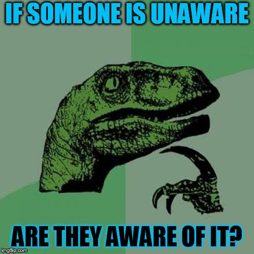 Philosoraptor | IF SOMEONE IS UNAWARE; ARE THEY AWARE OF IT? | image tagged in memes,philosoraptor | made w/ Imgflip meme maker