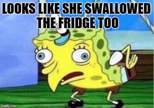 Mocking Spongebob Meme | LOOKS LIKE SHE SWALLOWED THE FRIDGE TOO | image tagged in memes,mocking spongebob | made w/ Imgflip meme maker