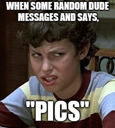 Freaks and geeks | WHEN SOME RANDOM DUDE MESSAGES AND SAYS, "PICS" | image tagged in freaks and geeks | made w/ Imgflip meme maker