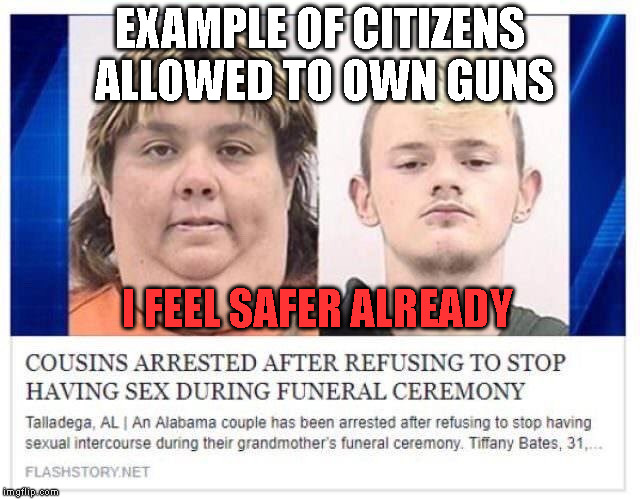 I feel safer already | EXAMPLE OF CITIZENS ALLOWED TO OWN GUNS; I FEEL SAFER ALREADY | image tagged in gun control | made w/ Imgflip meme maker