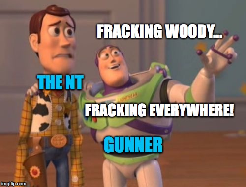 X, X Everywhere | FRACKING WOODY... THE NT; FRACKING EVERYWHERE! GUNNER | image tagged in memes,x x everywhere | made w/ Imgflip meme maker