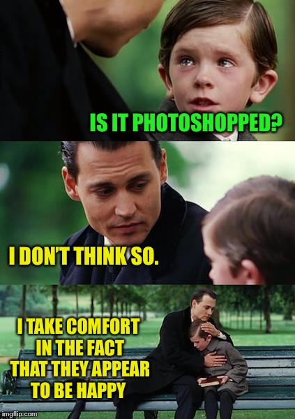 Finding Neverland Meme | IS IT PHOTOSHOPPED? I DON’T THINK SO. I TAKE COMFORT IN THE FACT THAT THEY APPEAR TO BE HAPPY | image tagged in memes,finding neverland | made w/ Imgflip meme maker
