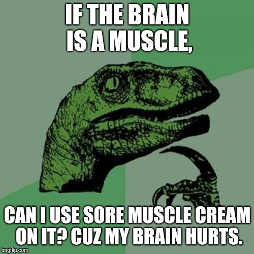 Philosoraptor Meme | IF THE BRAIN IS A MUSCLE, CAN I USE SORE MUSCLE CREAM ON IT? CUZ MY BRAIN HURTS. | image tagged in memes,philosoraptor | made w/ Imgflip meme maker