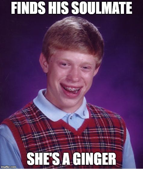 No offence to all you redheads out there! | FINDS HIS SOULMATE; SHE'S A GINGER | image tagged in memes,bad luck brian,redheads | made w/ Imgflip meme maker