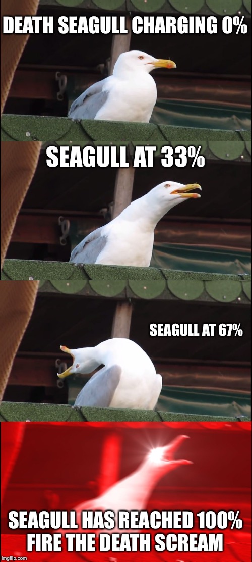 Inhaling Seagull | DEATH SEAGULL CHARGING 0%; SEAGULL AT 33%; SEAGULL AT 67%; SEAGULL HAS REACHED 100% FIRE THE DEATH SCREAM | image tagged in memes,inhaling seagull | made w/ Imgflip meme maker