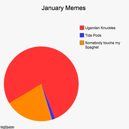 January Memes | Somebody toucha my Spaghet, Tide Pods, Ugandan Knuckles | image tagged in funny,pie charts | made w/ Imgflip chart maker