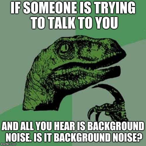 What?! | IF SOMEONE IS TRYING TO TALK TO YOU; AND ALL YOU HEAR IS BACKGROUND NOISE. IS IT BACKGROUND NOISE? | image tagged in memes,philosoraptor,noise | made w/ Imgflip meme maker