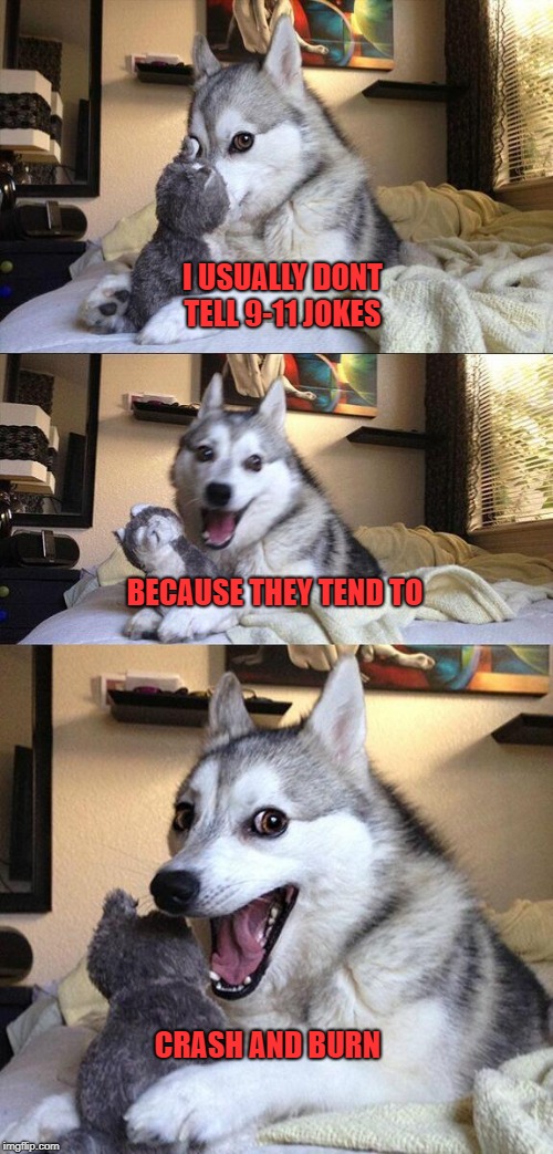 bad pun dog | I USUALLY DONT TELL 9-11 JOKES; BECAUSE THEY TEND TO; CRASH AND BURN | image tagged in memes,bad pun dog,9/11,funny,jokes,bad luck brian | made w/ Imgflip meme maker