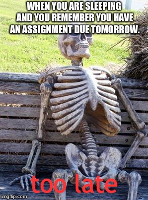 Sunday nights be like | WHEN YOU ARE SLEEPING AND YOU REMEMBER YOU HAVE AN ASSIGNMENT DUE TOMORROW. too late | image tagged in memes,waiting skeleton | made w/ Imgflip meme maker