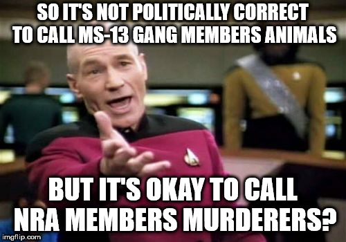 Picard Wtf Meme | SO IT'S NOT POLITICALLY CORRECT TO CALL MS-13 GANG MEMBERS ANIMALS; BUT IT'S OKAY TO CALL NRA MEMBERS MURDERERS? | image tagged in memes,picard wtf | made w/ Imgflip meme maker