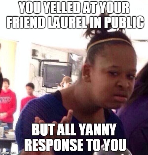 wtf laurel? | YOU YELLED AT YOUR FRIEND LAUREL IN PUBLIC; BUT ALL YANNY RESPONSE TO YOU | image tagged in memes,black girl wat | made w/ Imgflip meme maker