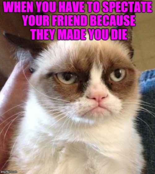 Grumpy Cat Reverse | WHEN YOU HAVE TO SPECTATE YOUR FRIEND BECAUSE THEY MADE YOU DIE | image tagged in memes,grumpy cat reverse,grumpy cat | made w/ Imgflip meme maker