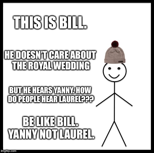 Be Like Bill Meme | THIS IS BILL. HE DOESN’T CARE ABOUT THE ROYAL WEDDING; BUT HE HEARS YANNY. HOW DO PEOPLE HEAR LAUREL??? BE LIKE BILL. YANNY NOT LAUREL. | image tagged in memes,be like bill | made w/ Imgflip meme maker