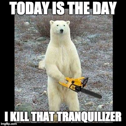 Chainsaw Bear Meme | TODAY IS THE DAY; I KILL THAT TRANQUILIZER | image tagged in memes,chainsaw bear | made w/ Imgflip meme maker