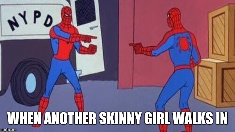 Competitive girls | WHEN ANOTHER SKINNY GIRL WALKS IN | image tagged in spiderman pointing at spiderman,dieting,spiderman | made w/ Imgflip meme maker
