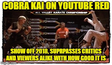 COBRA KAI ON YOUTUBE RED; SHOW OFF 2018, SUPRPASSES CRITICS AND VIEWERS ALIKE WITH HOW GOOD IT IS | image tagged in karatekid | made w/ Imgflip meme maker