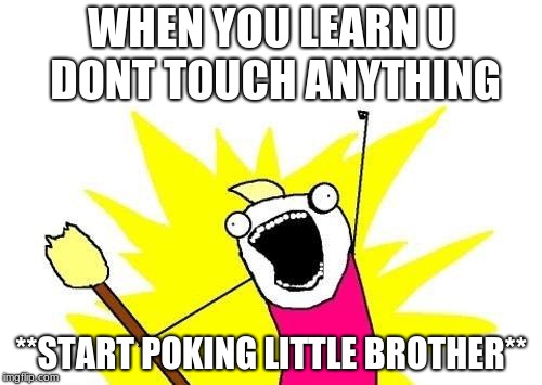 X All The Y | WHEN YOU LEARN U DONT TOUCH ANYTHING; **START POKING LITTLE BROTHER** | image tagged in memes,x all the y | made w/ Imgflip meme maker