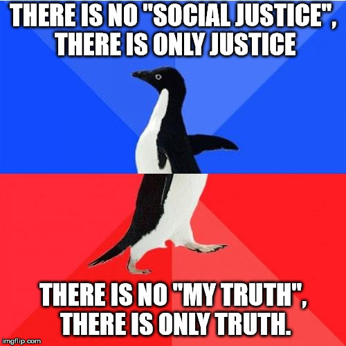 Leftest hate facts that don't fit their narrative. | THERE IS NO "SOCIAL JUSTICE", THERE IS ONLY JUSTICE; THERE IS NO "MY TRUTH", THERE IS ONLY TRUTH. | image tagged in memes,socially awkward awesome penguin | made w/ Imgflip meme maker