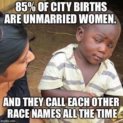 Third World Skeptical Kid Meme | 85% OF CITY BIRTHS ARE UNMARRIED WOMEN. AND THEY CALL EACH OTHER RACE NAMES ALL THE TIME | image tagged in memes,third world skeptical kid | made w/ Imgflip meme maker