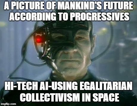 Picard Borg | A PICTURE OF MANKIND'S FUTURE ACCORDING TO PROGRESSIVES; HI-TECH AI-USING EGALITARIAN COLLECTIVISM IN SPACE | image tagged in picard borg | made w/ Imgflip meme maker