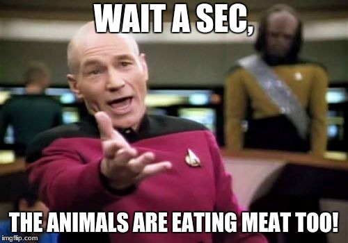 Picard Wtf Meme | WAIT A SEC, THE ANIMALS ARE EATING MEAT TOO! | image tagged in memes,picard wtf | made w/ Imgflip meme maker